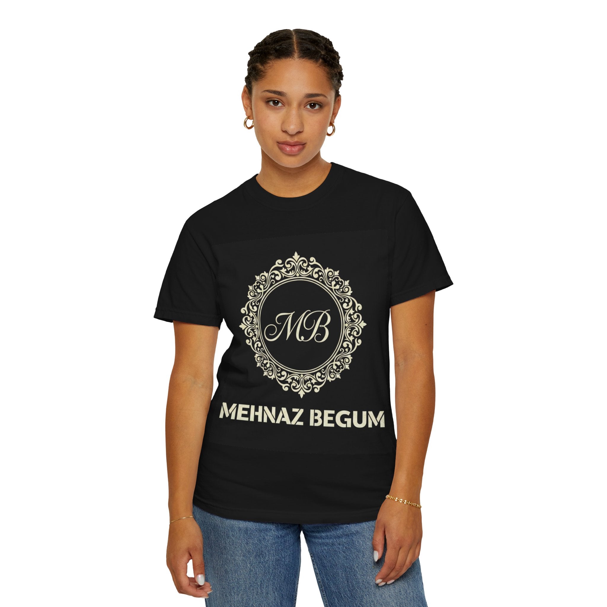 Personalized Monogram T-Shirt — "Mehnaz Begum" Gold Crest Tee