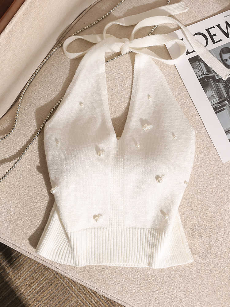 Hot Girl Slim-Fit Beaded Neck Camisole Women's Backless Distinctive Strap Design Sleeveless Pure Base Top