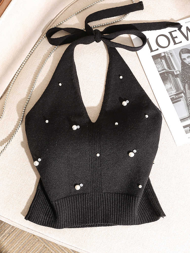 Hot Girl Slim-Fit Beaded Neck Camisole Women's Backless Distinctive Strap Design Sleeveless Pure Base Top