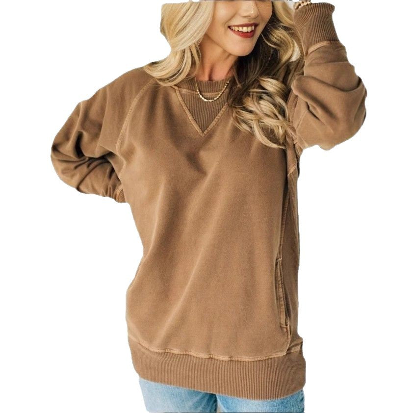 In-Stock European And American Cross-Border Autumn And Winter New Women's Ribbed Decorative Pocket Pullover Amazon Long-Sleeve Loose Sweatshirt