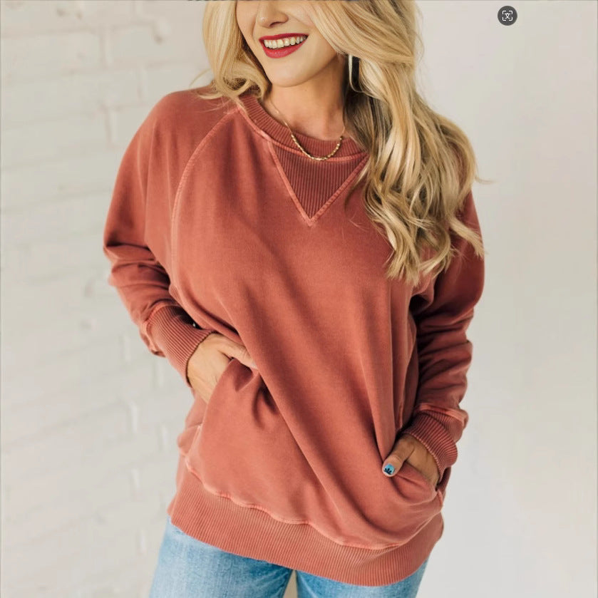 In-Stock European And American Cross-Border Autumn And Winter New Women's Ribbed Decorative Pocket Pullover Amazon Long-Sleeve Loose Sweatshirt